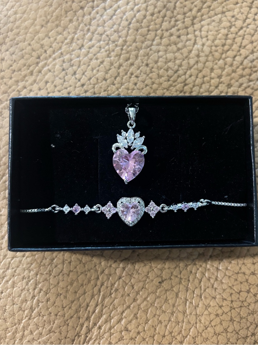 Pink Heart With Crown Gemstones Pendant and Bracelet Set with Pink Gemstones